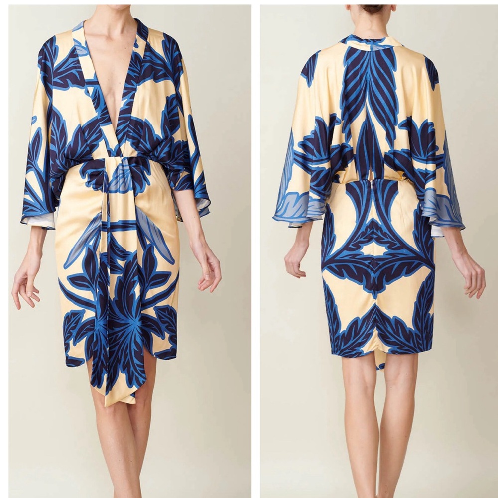 Eugenia Fernandez Rachid Kimono Sleeve Midi Dress Blue Yellow Small